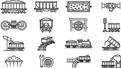 Black and White Line Art Icons of Mining Train Wagons, Locomotives, and Railway Equipment © amara