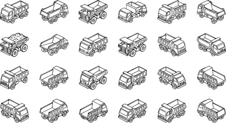 Isometric Construction Dump Trucks Black and White Line Art Icons Set. Heavy Duty Haulage Vehicles Outline Drawings for Earth Moving and Mining Industry. © amara