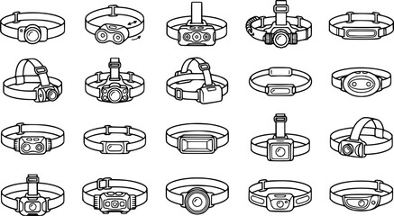 Black and White Line Art Icons of Various Headlamp Designs for Outdoor and Camping Gear © amara