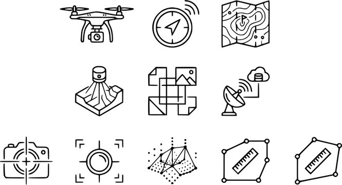 Geospatial Technology and Data Collection Black  White Line Art Icons Set. Featuring drone, map, GIS, surveying, remote sensing, and mapping tools.