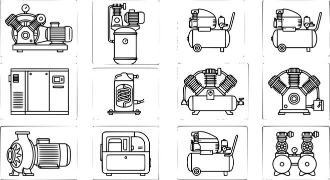 Black and White Line Art Icons of Various Air Compressors and Pumps for Industrial and Mechanical Applications