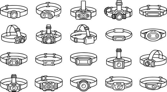 Black and White Line Art Icons of Various Headlamp Designs for Outdoor and Camping Gear