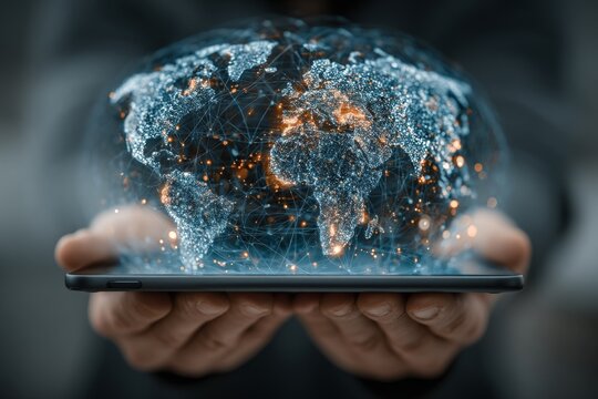 businessman holding android tablet, analyzing digital space satellite model, futuristic hologram technology concept