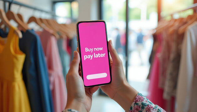 Person holds phone with buy now pay later app in clothing store. Customer shops fashion items using mobile payment service for easy purchase. Future finance tech.