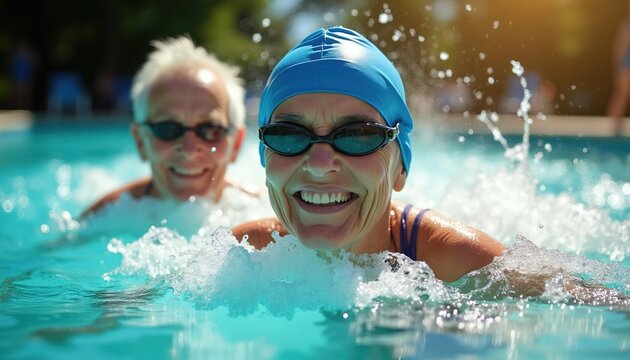 Elderly couple swims in pool having fun. Smiling man and woman wear caps, goggles, enjoy water splash during sunny day. Active seniors swim, live healthy, joyful lifestyle together.
