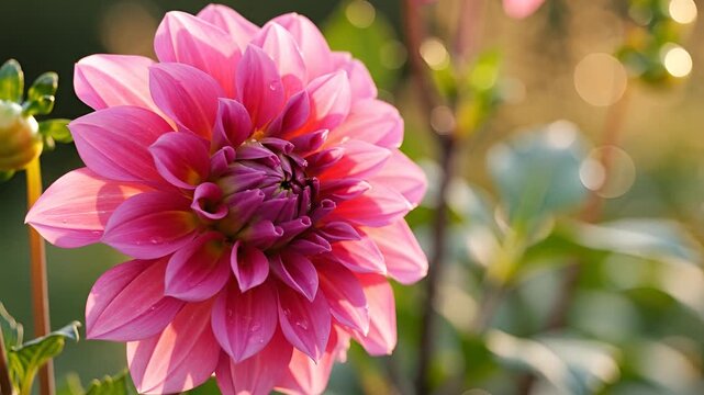Closeup of a vibrant pink dahlia flower in full bloom.