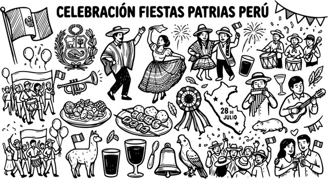 Black and White Line Art Illustration of Peruvian Independence Day Celebration with Symbols and People