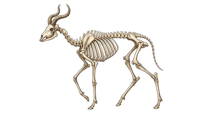 Elegant deer-like skeletal anatomy with spiral horns, thin graceful leg bones, detailed pelvic structure, flowing pose composition, realistic bone textures, high-detail 2d illustration
