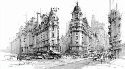 Fototapeta premium Parisian Streetscape: A dynamic pencil sketch captures a bustling Parisian intersection, featuring ornate architecture, vintage cars, and pedestrians, evoking a sense of timeless European charm.