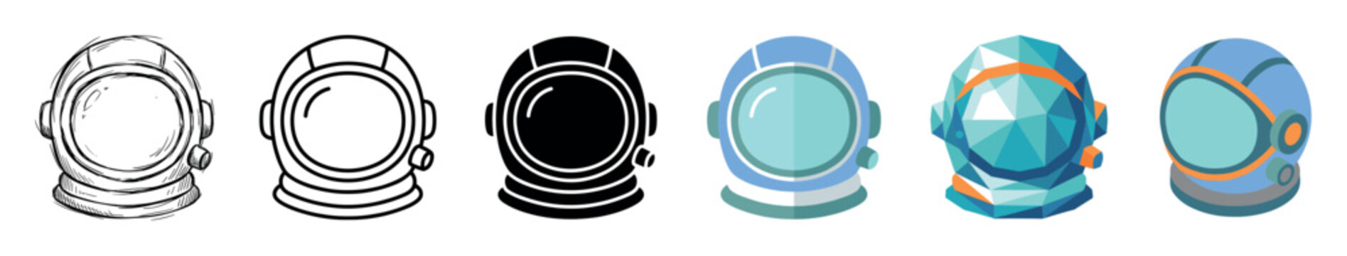 Astronaut helmet space headgear icons in various styles including sketch, outline, glyph, flat, low poly, and isometric vector illustration set