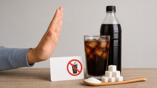 A hand gestures to stop, rejecting a glass of soda, a bottle, and sugar, symbolizing a decision to quit sugary drinks for a healthier lifestyle.