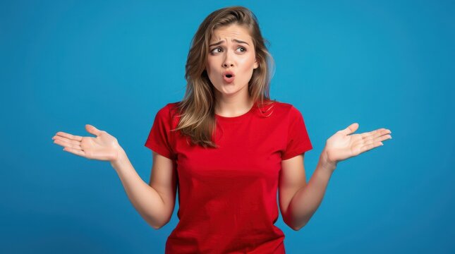 A confused young woman in a red t-shirt shrugging with open palms against a blue background, expressing cluelessness and surprise.