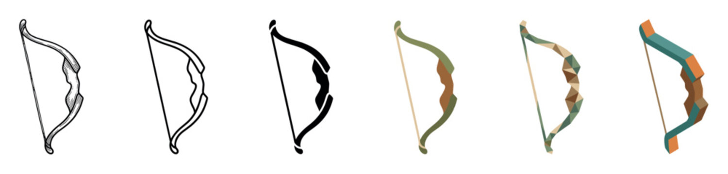 Bow weapon archery hunting equipment icons set in various styles including engraved, outline, glyph, flat, low poly, and isometric vector illustration