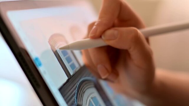 Digital artist using stylus pen on tablet device to draw architectural illustration.