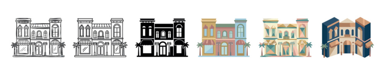 Obraz premium Building facade shopfront palm trees street lamps icons set in various styles vector illustration