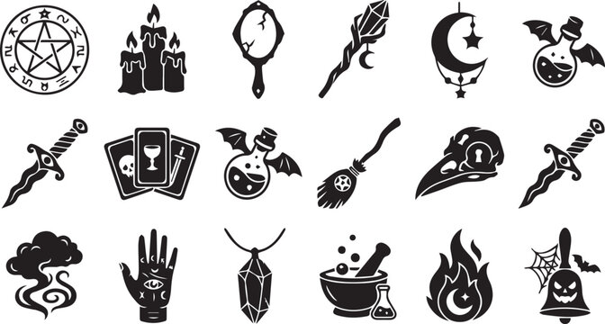 Witchcraft Occult Magic and Esoteric Silhouette Icon Vector Illustration Set