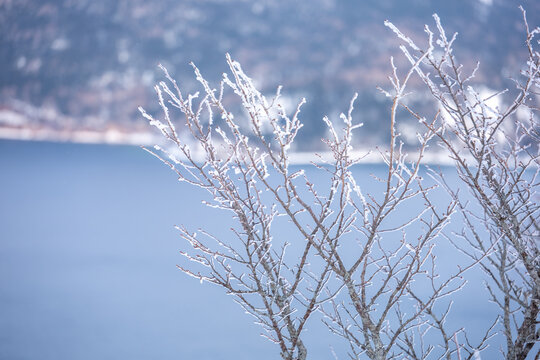 The natural view from the Mashu lake observation desk is covered in snow in winter in Hokkaido.