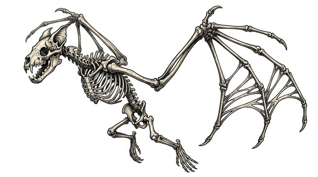 Fantasy bat creature skeletal system, oversized wing bones, layered finger structures, sharp cranial anatomy, dramatic gothic composition, highly detailed 2d illustration, isolated on pure white