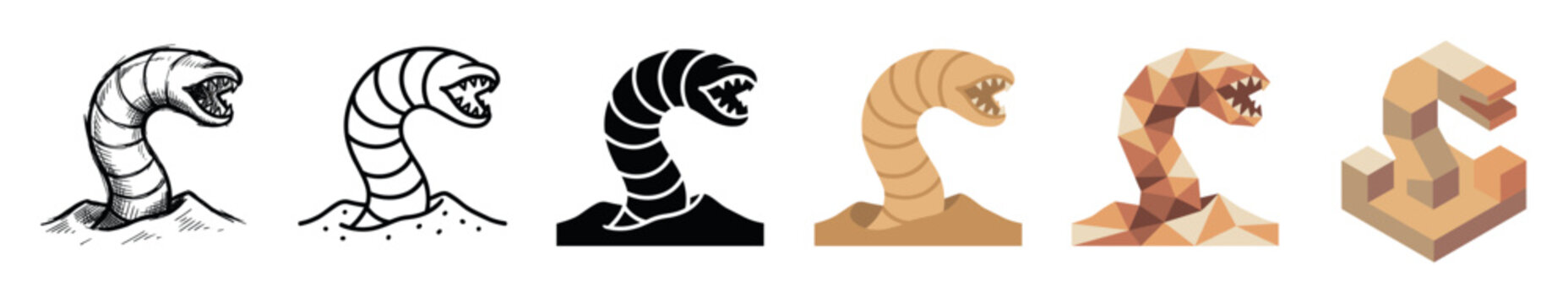 Sandworm monster creature icons set in various styles including sketch, outline, glyph, flat, low poly, and isometric vector illustration