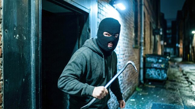 Burglar in Ski Mask Holding Crowbar Emerging from Dark Alleyway at Night.