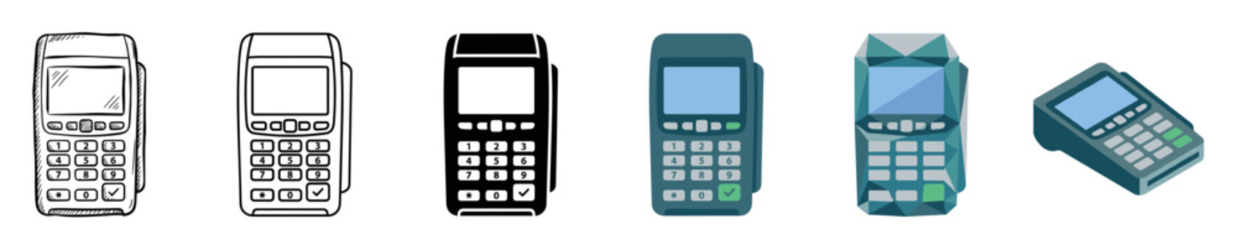 Payment terminal POS machine icons in various styles including sketch, outline, glyph, flat, low poly, and isometric vector illustration