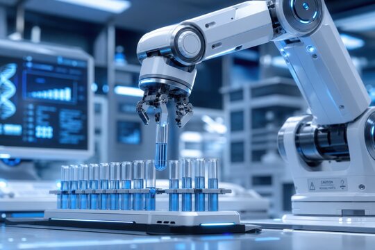 A robotic arm in a high-tech laboratory is handling test tubes filled with blue liquid, showcasing automation and precision in scientific research.