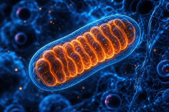 A detailed 3D illustration of a mitochondrion, the powerhouse of the cell, showing its inner membrane and cristae structure in vibrant blue and orange colors.