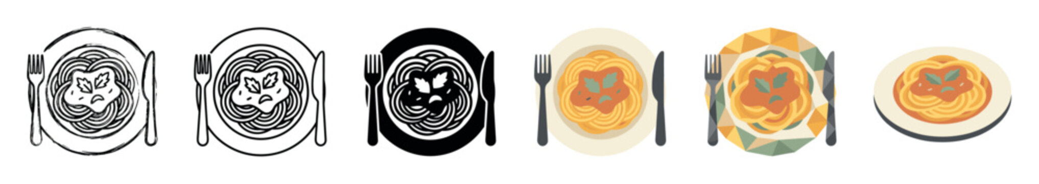 Spaghetti pasta plate fork knife icons set in various styles, including grunge, outline, glyph, flat, and isometric vector illustration