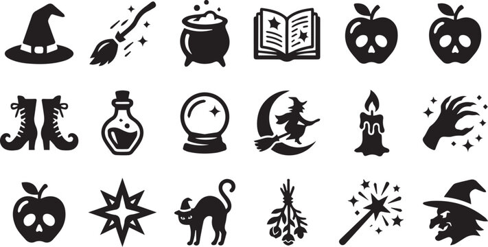 Halloween Witchcraft and Magic Silhouette Icon Vector Illustration Set