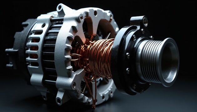 Car alternator part detailed view showing copper wire coils and metal casing. This auto component generates electrical power for a vehicle. Its mechanical structure is complex and precise.