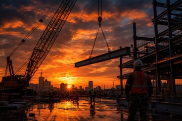 Fototapeta premium Workers operate on a construction site during a dramatic sunset, lifting steel beams with cranes against a vibrant city skyline.