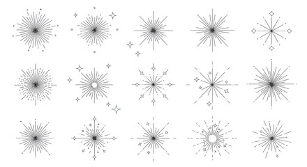 Set of hand drawn celestial sunburst and starburst line art icons. © raigen