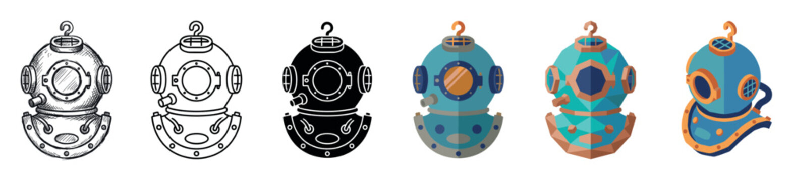 Diving helmet icons in sketch, outline, solid, flat, low poly, and isometric styles, vector illustration set