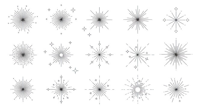 Set of hand drawn celestial sunburst and starburst line art icons.