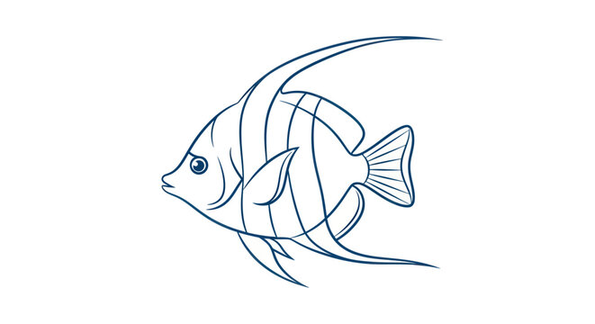 Minimalist blue line art illustration of a tropical angelfish on a white background