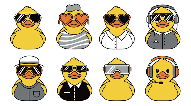 Cartoon rubber ducks wearing sunglasses and protective gear in playful style