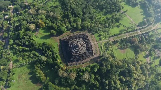 Aerial view of Borobudur Temple in Indonesia, a historical landmark.