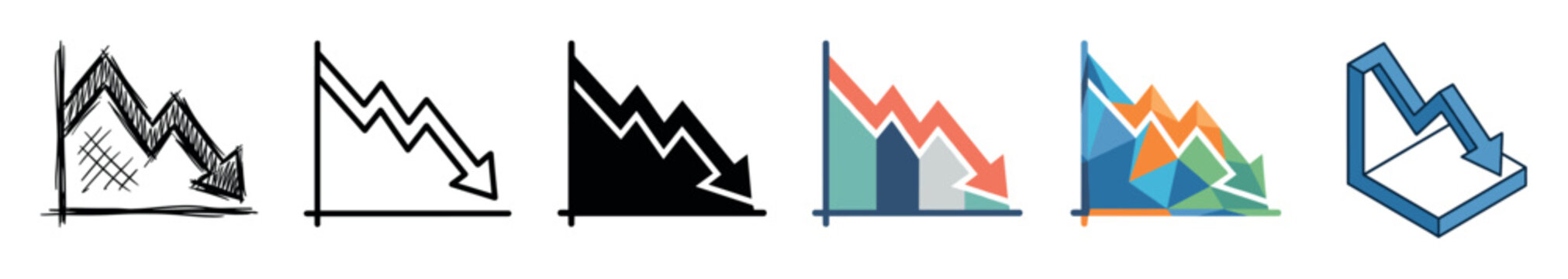 Graph chart arrow down icons set in various styles including doodle, outline, solid, flat, polygonal, and isometric vector illustration