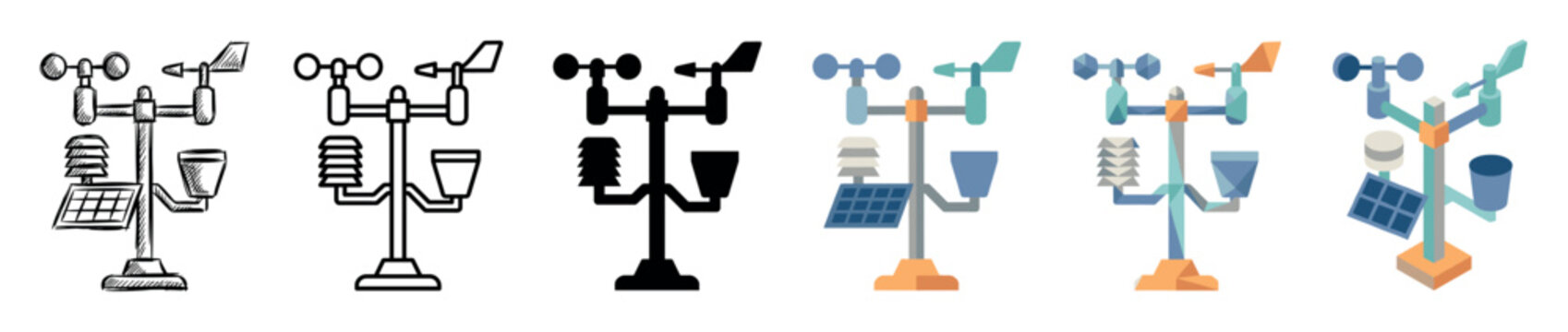 Weather station icons with anemometer, wind vane, rain gauge, and solar panel in various styles vector illustration