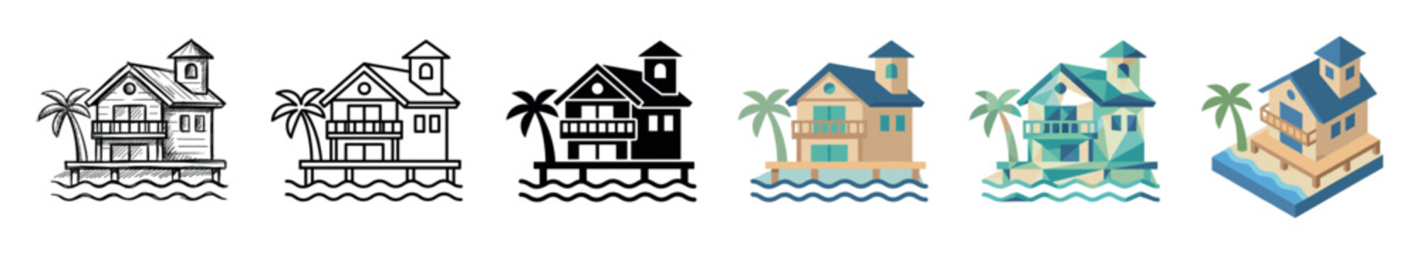 Beach house palm tree water icons set in various styles including sketch, outline, glyph, flat, low poly, and isometric vector illustration