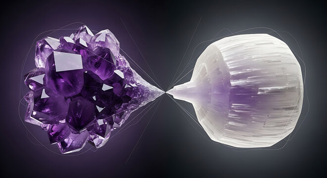 Abstract conceptual art featuring a fusion of a purple amethyst crystal cluster and a smooth white sphere