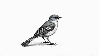 Obraz premium Detailed line art illustration shows small bird facing right with intricate feather detail. Isolated on white background, this avian creature is depicted in profile with delicate lines.