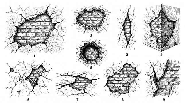 Broken Brick Wall Crack Hole Vector Illustration Set