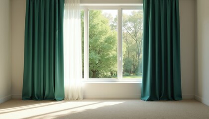 Fototapeta premium Empty room with large window, sheer white curtains, and teal blackout drapes. Sunny green garden visible outside. Beige carpet floor with sunlight shadows.