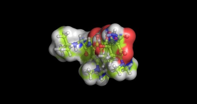 Tigecycline, last line drugs/glycylcycline antibiotic and bacterial protein synthesis inhibitor, 3D molecule spinning, 4K