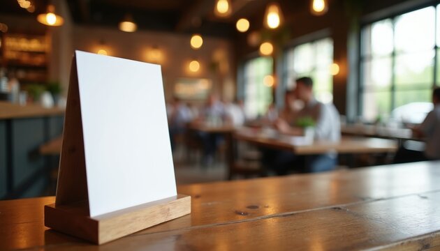 Blank menu card on cafe table. Soft focus background shows diners. Hospitality business mockup for promotions, pricing, or specials display.