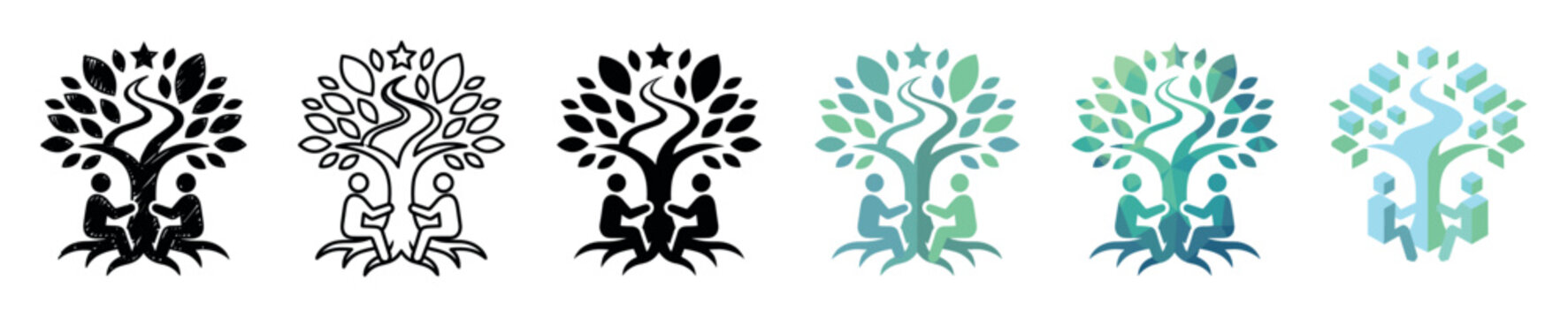 People sitting under a tree with a path and star, presented in various styles including sketch, outline, solid, flat, polygonal, and isometric vector icon set