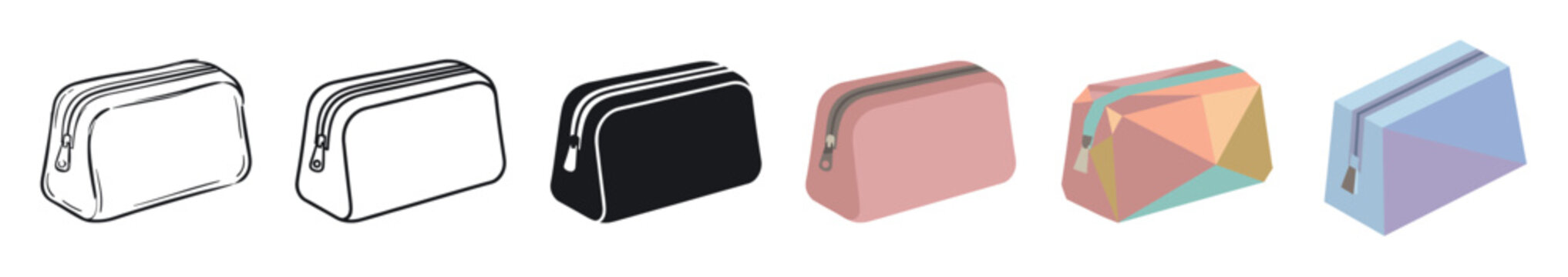 Cosmetic bag pouch purse vanity case icons set in various styles vector illustration
