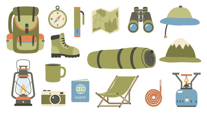 Flat Design Vector Camping Gear Icons - Backpack, Binoculars, Stove, Hat