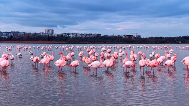Drone view of flamingo flock feeding in grey lagoon with urban skyline behind. Flamingos feed and preen in shallow grey water as a residential city skyline fills the distant background under dark sky.